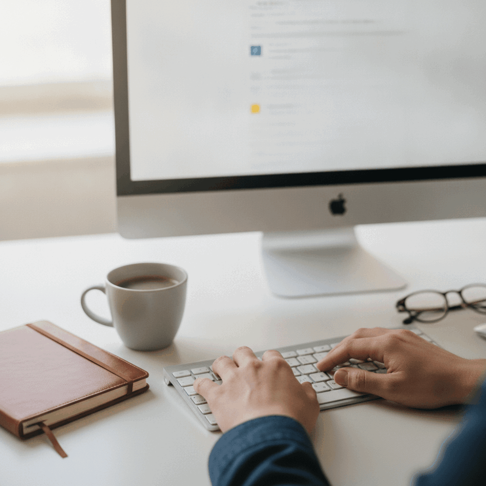 Mains sur clavier d'ordinateur illustrant la modération et vérification des avis clients sur une plateforme juridique