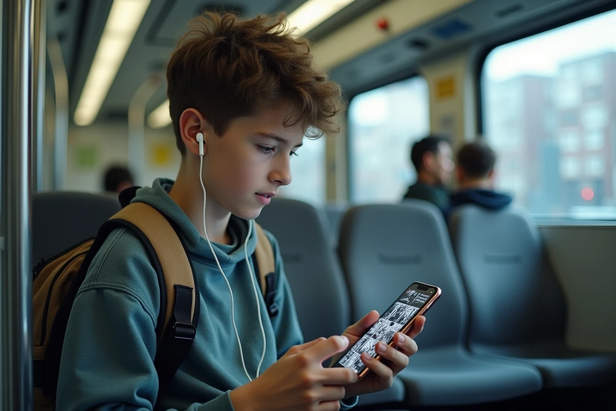 Adolescent lisant des mangas gratuitement sur son smartphone dans les transports en commun