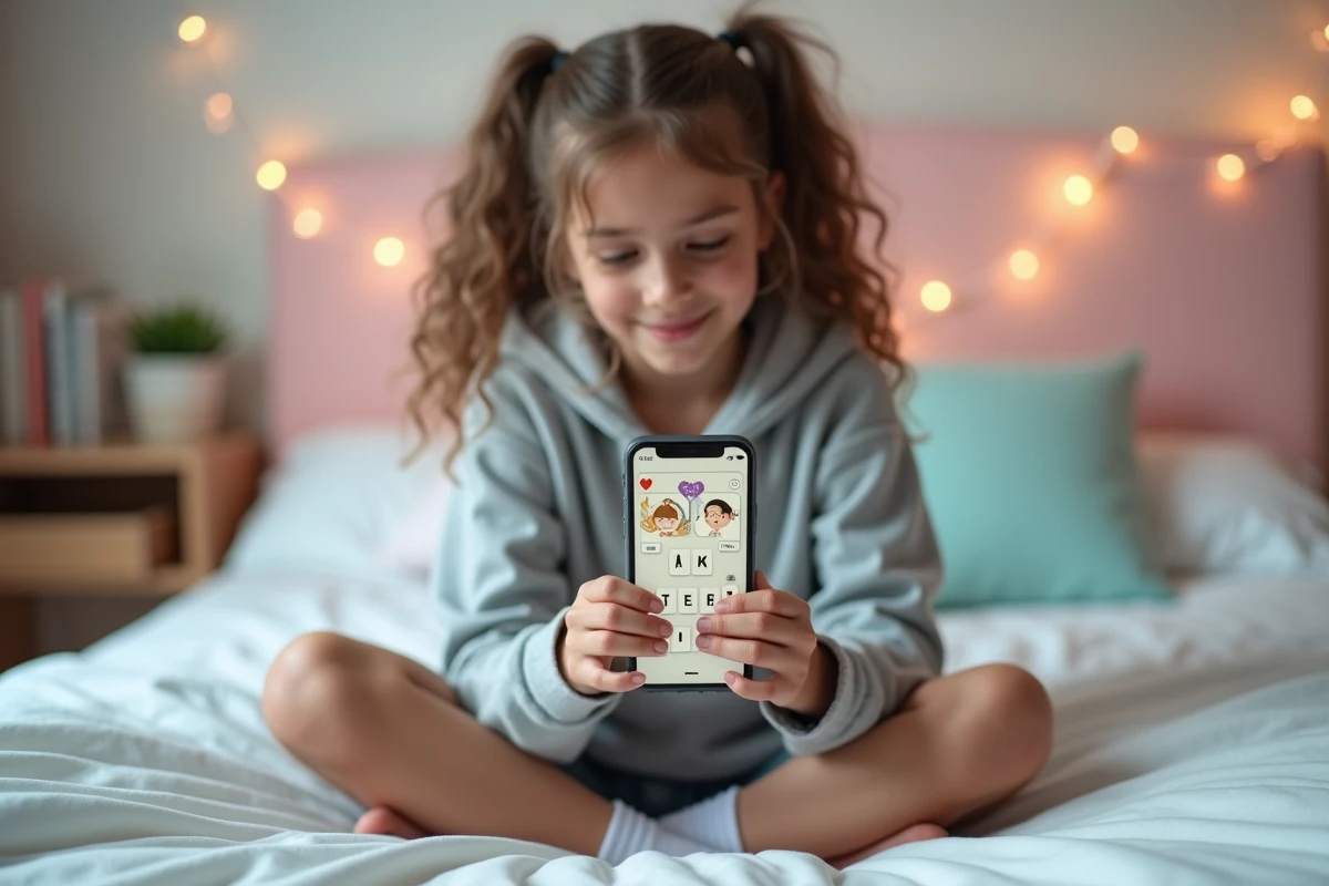 Adolescente souriante jouant à 4 Images 1 Mot sur son téléphone dans sa chambre