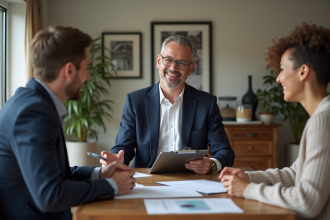 Agent immobilier discutant avec un couple dans un salon moderne