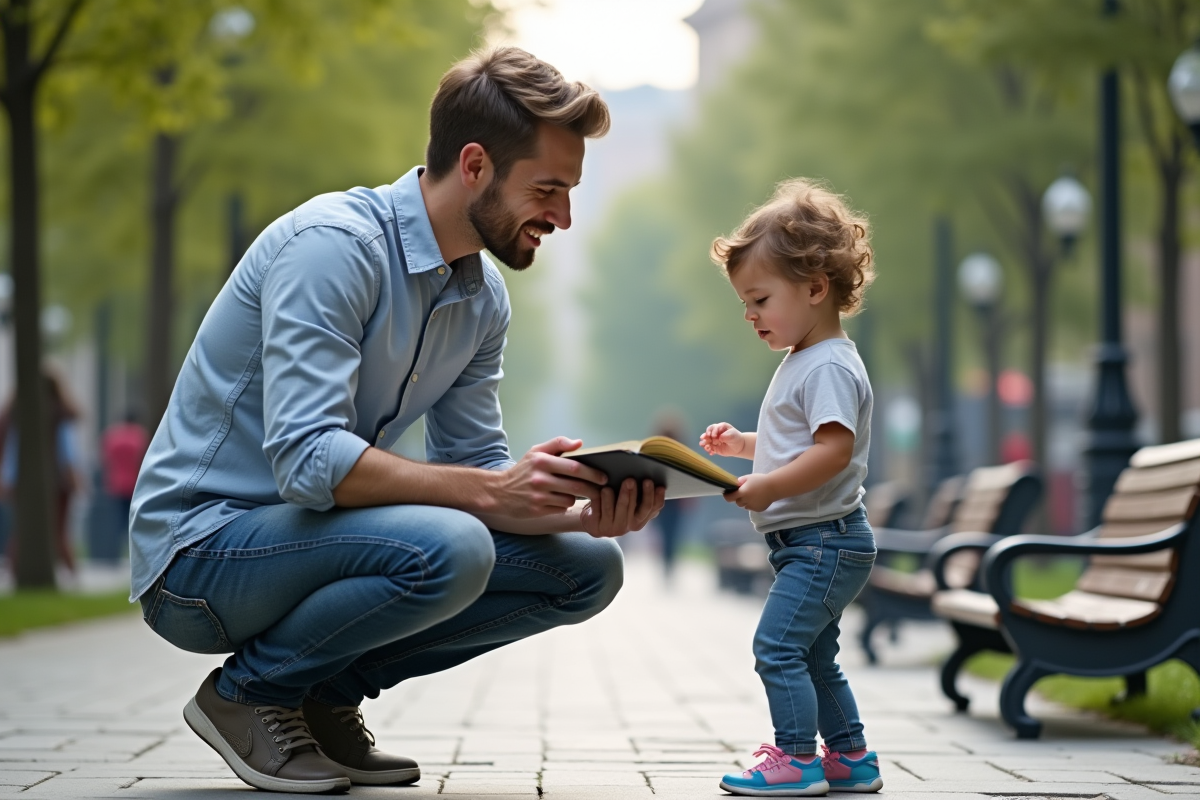 Jeune homme aide un enfant à ramasser un livre dans un parc urbain
