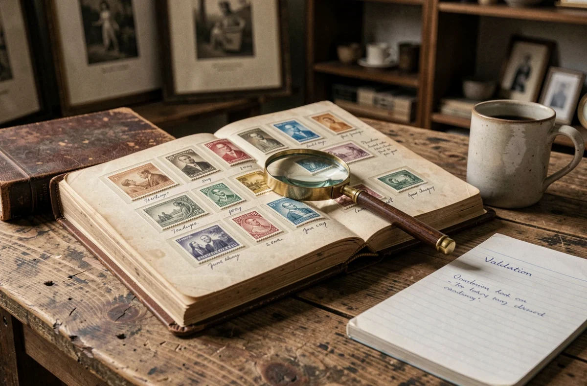 Album philatélique vintage ouvert avec timbres anciens annotés et loupe sur table en bois