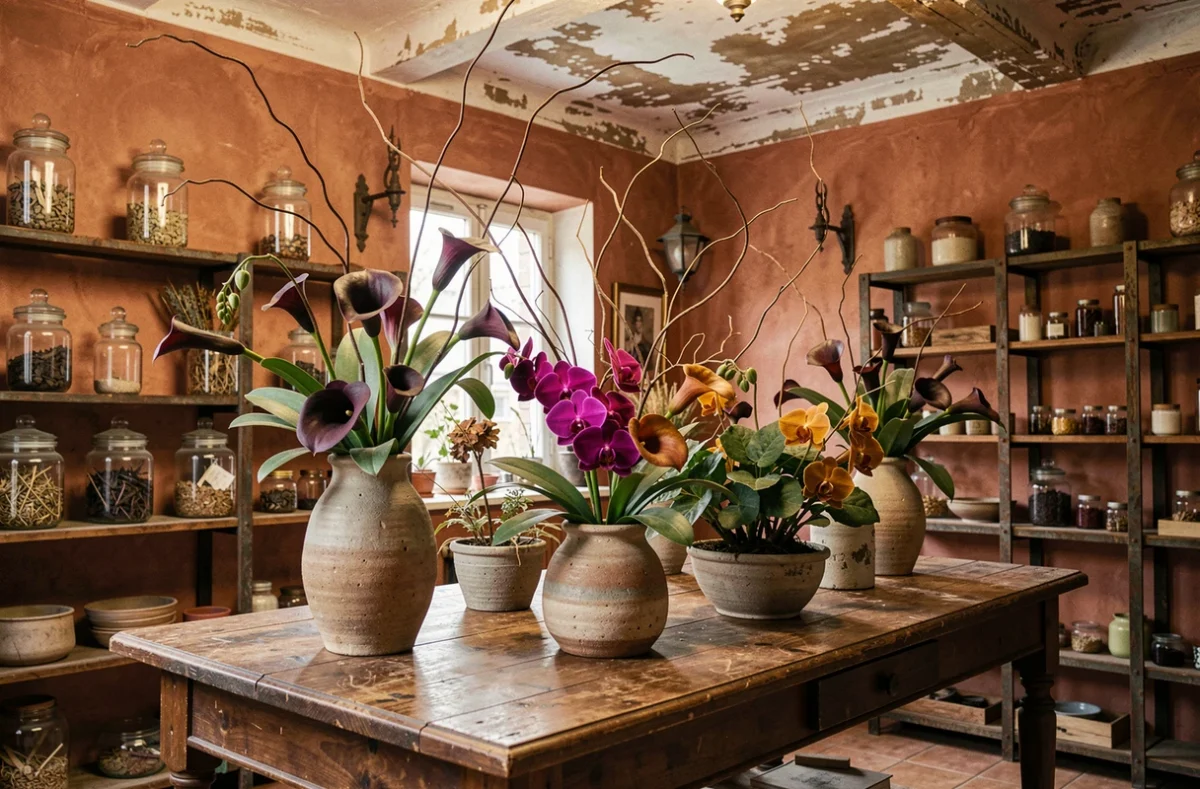 Compositions florales avant-gardistes d'Alchimie avec orchidées et branches de saule torsadé dans un atelier artisanal aux murs terracotta