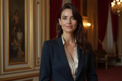 Alice Taglioni, comédienne française élégante, dans un hall de théâtre parisien classique aux décors dorés