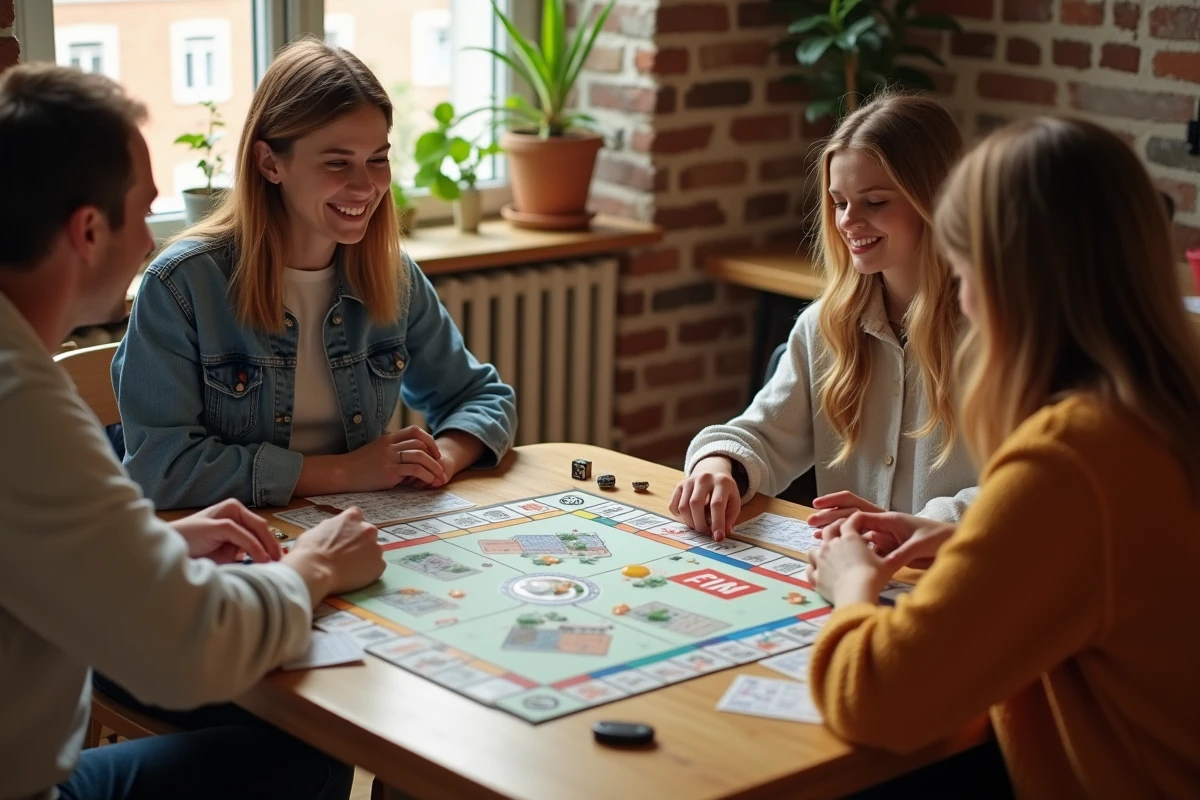 Groupe d'amis jouant à une version imprimée maison d'un jeu de plateau style Monopoly autour d'une table en bois