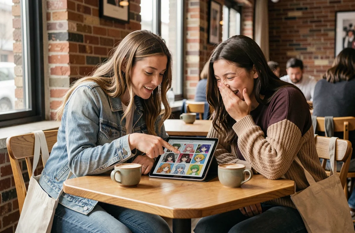 Deux amies discutant de leurs husbandos d'anime préférés autour d'une tablette dans un café