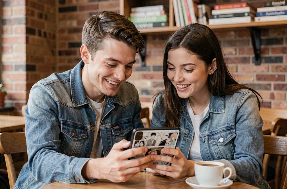 Deux amis consultant une application de lecture de manga en alternative à Epsilon scantrad dans un café
