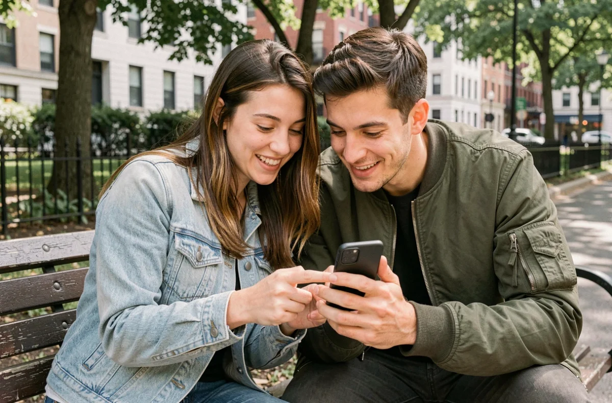 Deux amis partageant un smartphone pour lire un scan manga ensemble sur un banc de parc urbain
