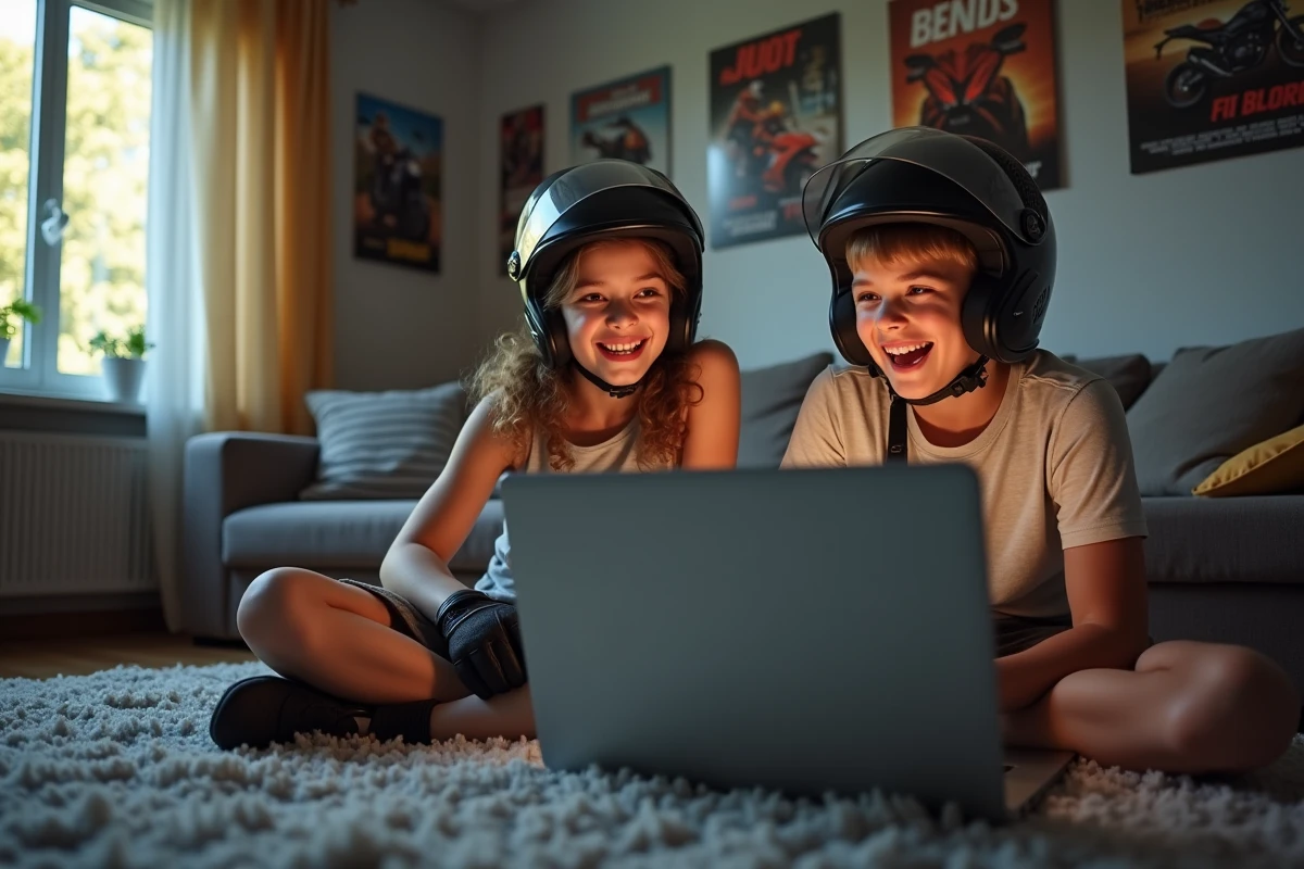 Adolescents regardant un film de moto à la maison