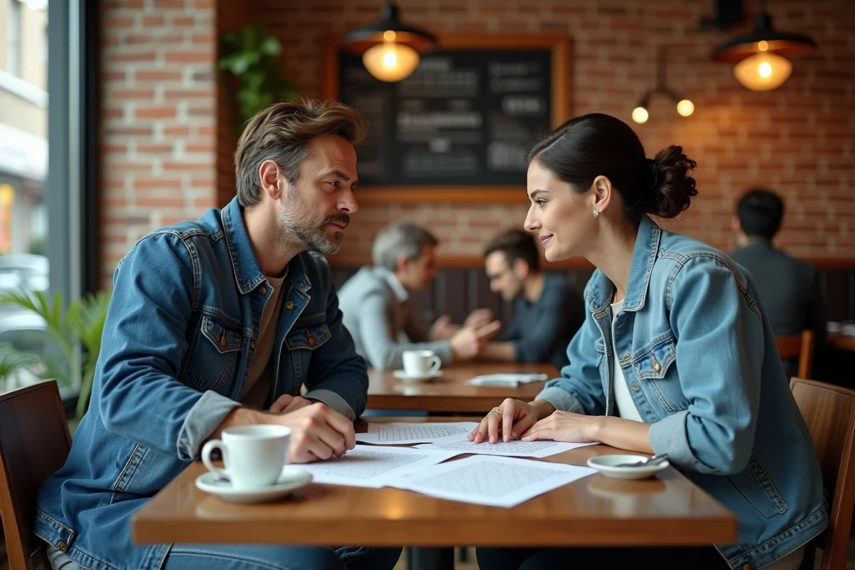Deux amis comparant des grilles de sudoku et des puzzles de QI dans un café urbain animé
