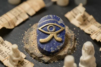 Amulette égyptienne en lapis-lazuli représentant l'œil d'Horus posée sur une surface en pierre ancienne avec des hiéroglyphes