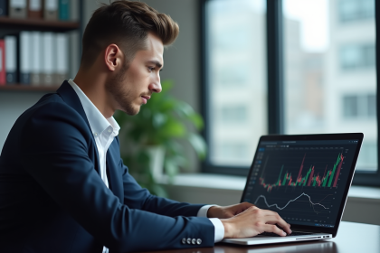 Jeune analyste financier en costume bleu regardant l'écran