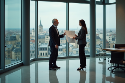 Homme d affaires et jeune femme discutant plans à Paris