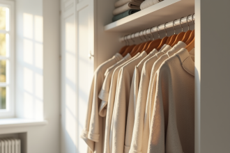 Armoire minimaliste avec vêtements neutres et lumière naturelle