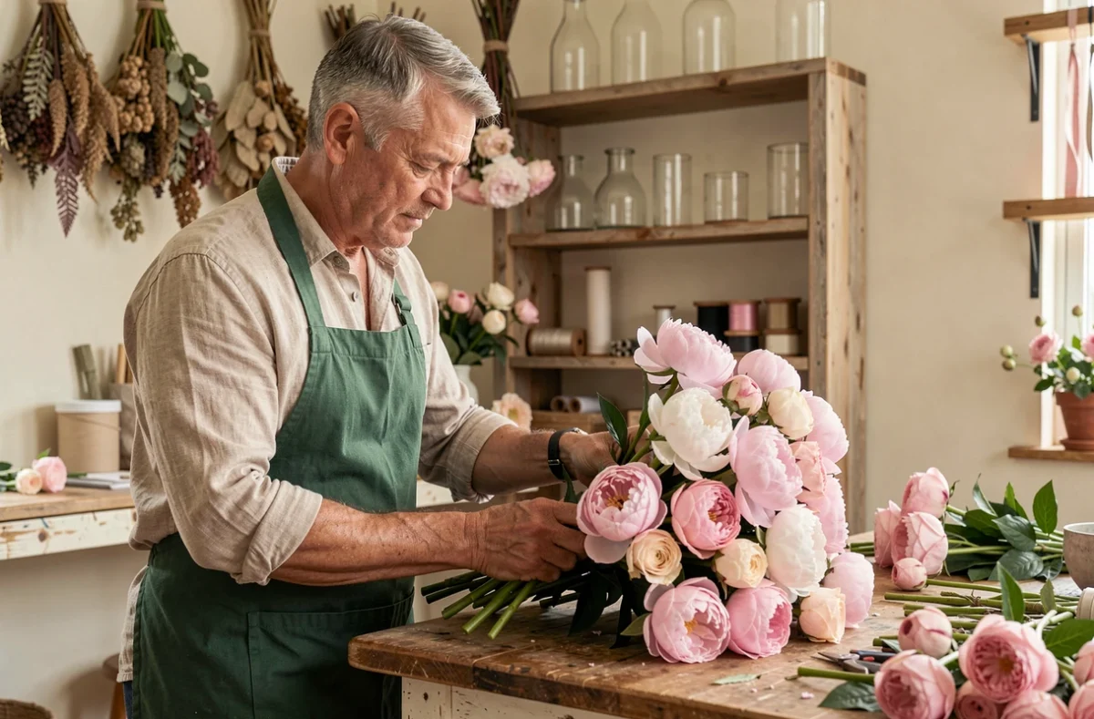 Arnaud Lechantre, fleuriste artisan, arrangeant un bouquet de pivoines et roses dans son atelier floral élégant