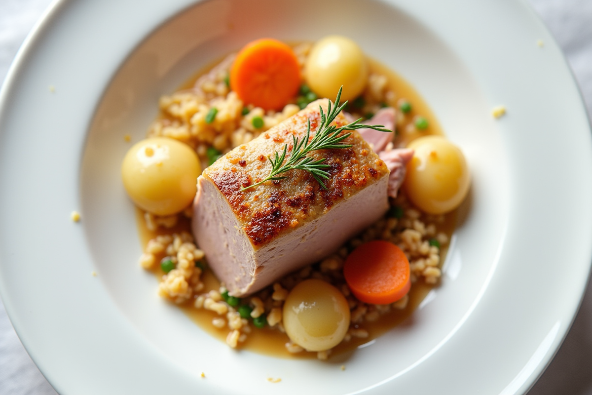 Assiette de blanquette de veau avec riz et légumes en gros plan