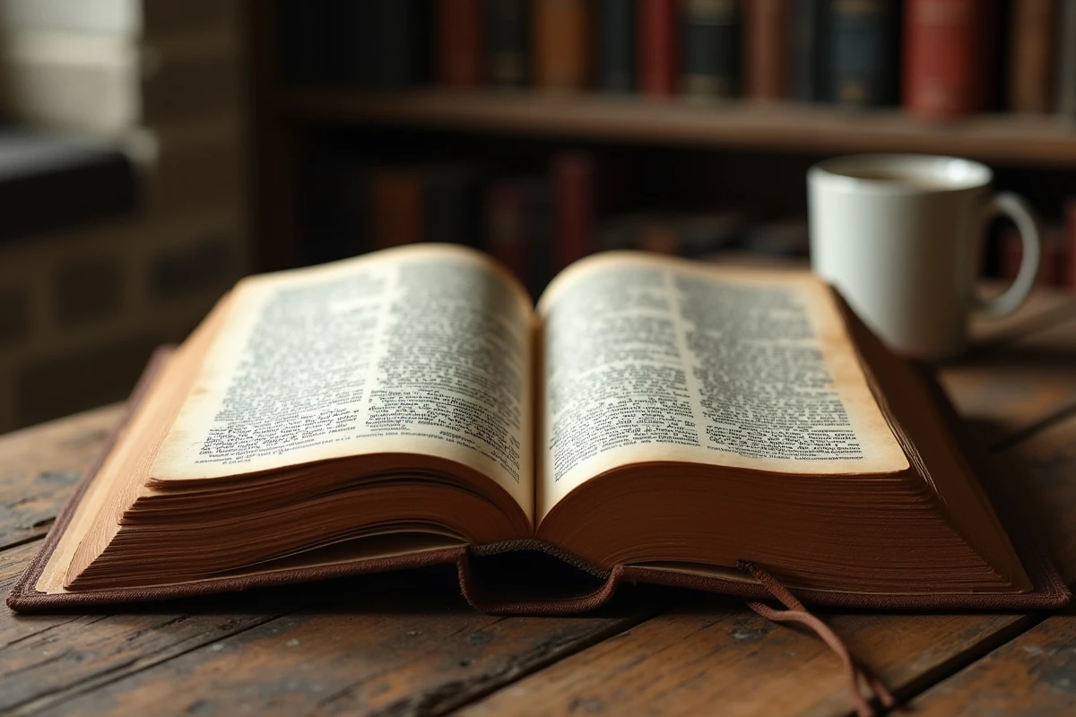 Bible ancienne et roman bestseller côte à côte sur une table en bois rustique