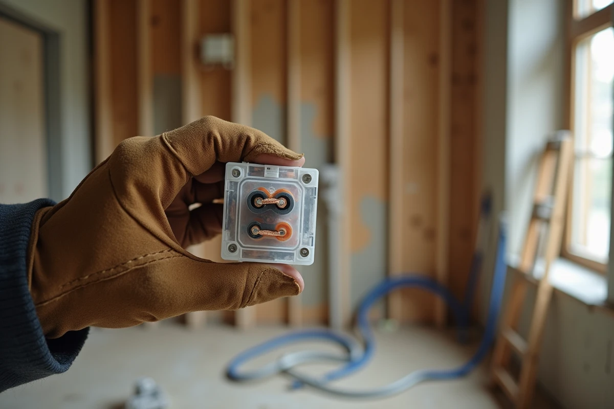 Gros plan sur des mains de rénovateur tenant une borne de connexion électrique transparente à levier avec trois fils cuivre dans un chantier de rénovation intérieure