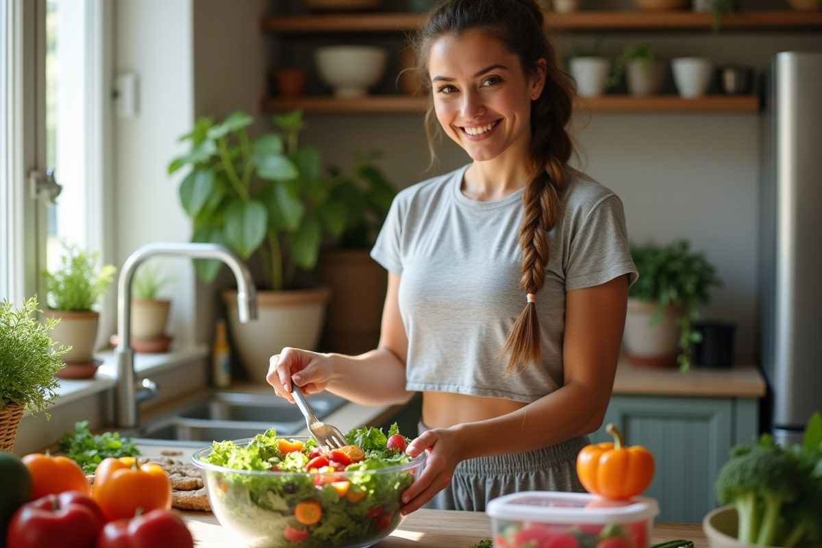Femme boxeuse préparant une salade dans la cuisine