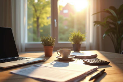 Espace de bureau moderne avec ordinateur et café en télétravail