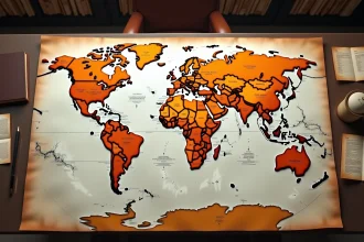 Carte vintage des pays hispanophones du monde étalée sur une table en bois avec des épingles et annotations démographiques