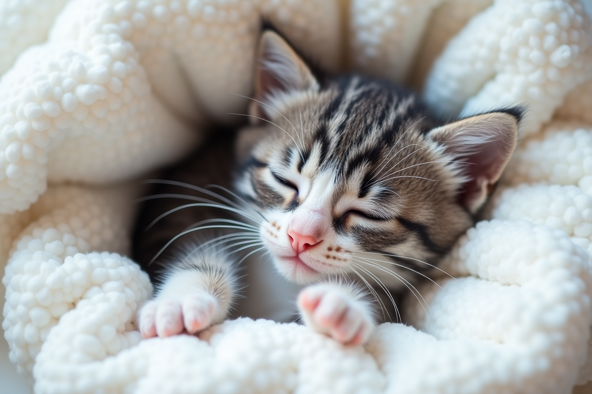 Chaton gris et blanc reposant dans une couette blanche vue de dessus