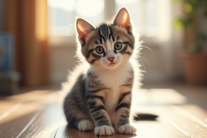 Chaton gris et blanc sur un sol en bois en lumière naturelle