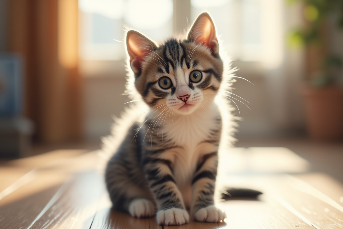 Chaton gris et blanc sur un sol en bois en lumière naturelle