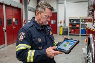 Chef d'agrès pompier consultant l'application IRIS sur une tablette numérique dans un hangar de caserne