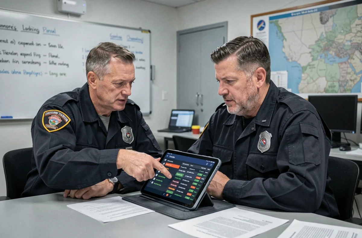 Deux chefs d'agrès pompiers consultant ensemble l'interface IRIS sur une tablette lors d'un briefing opérationnel en caserne