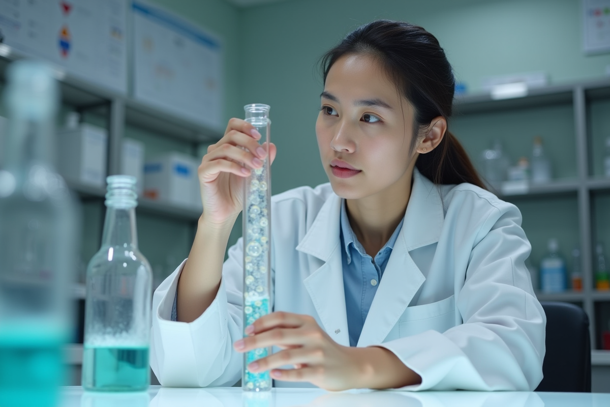 Jeune scientifique étudie des bulles de gaz dans un laboratoire