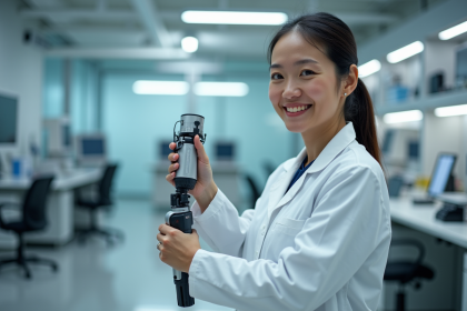 Chercheuse en blouse blanche tenant une prothese avancée