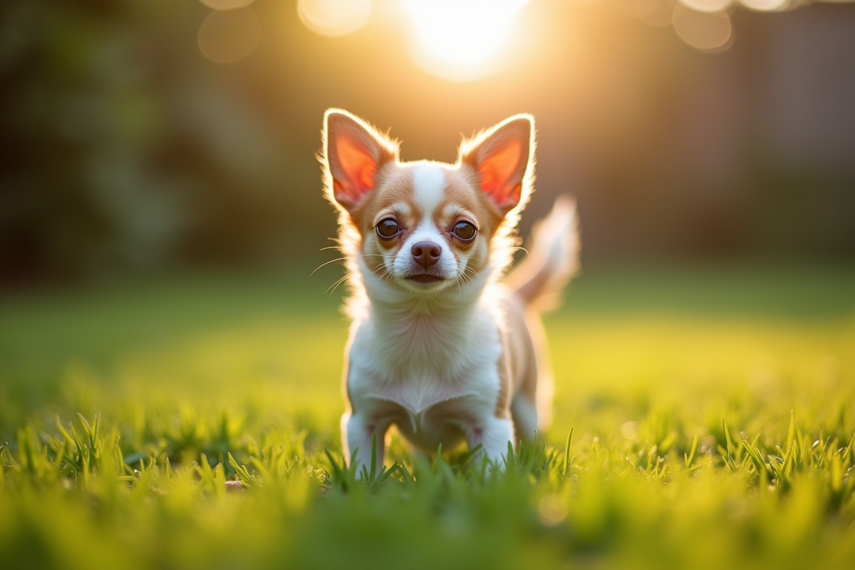 Chihuahua debout dans un jardin ensoleille