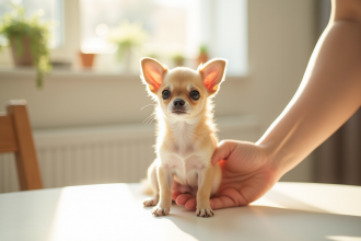 Petit chiot chihuahua assis sur une table lumineuse