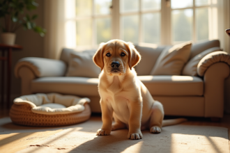 Chiot labrador doré dans un salon accueillant