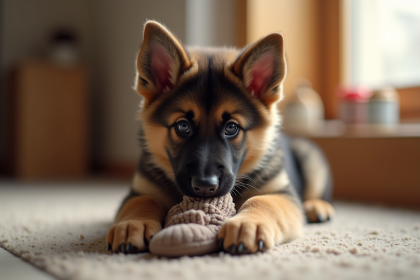 Chiot berger allemand mordant une pantoufle à l'intérieur