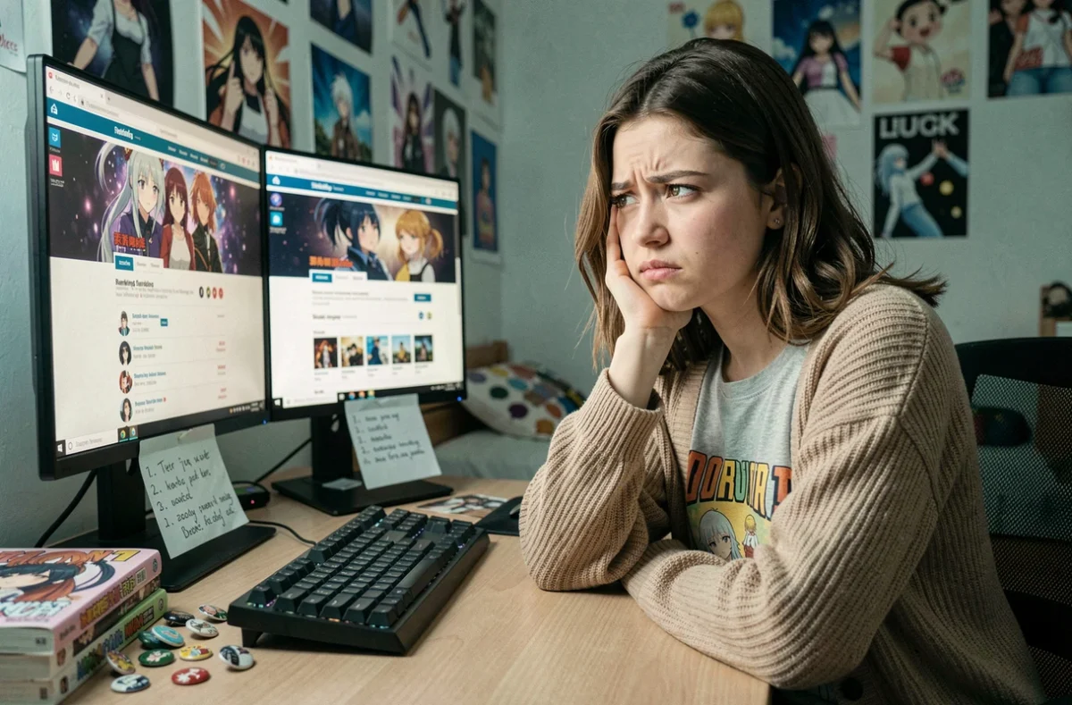 Jeune femme créant un classement de ses husbandos d'anime devant son setup PC avec tier list manuscrite
