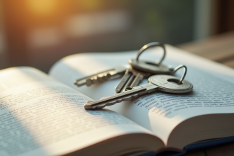 Clés de maison sur un livre de droit ouvert avec mise au point
