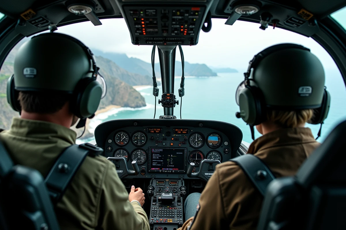 Cockpit d'un hélicoptère militaire avec deux pilotes en mission de vol au-dessus d'une zone côtière