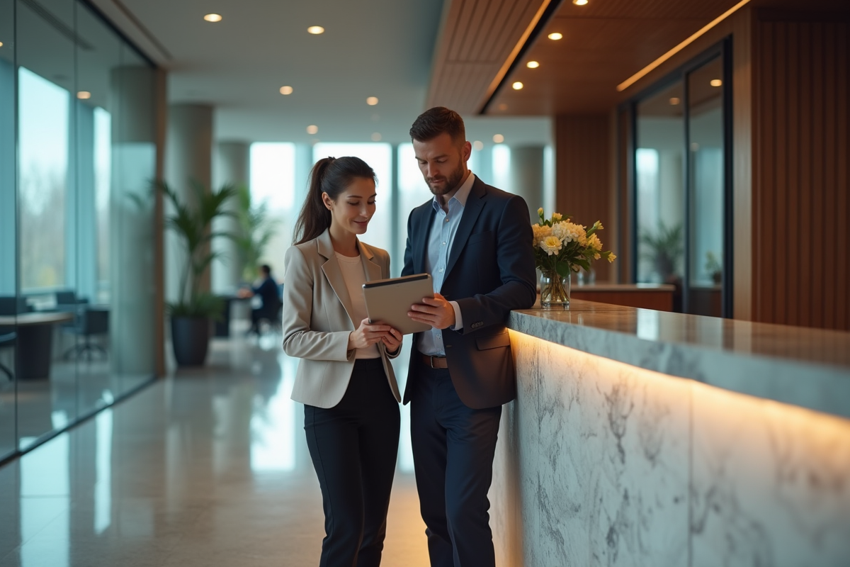 Deux professionnels discutant près du comptoir de réception