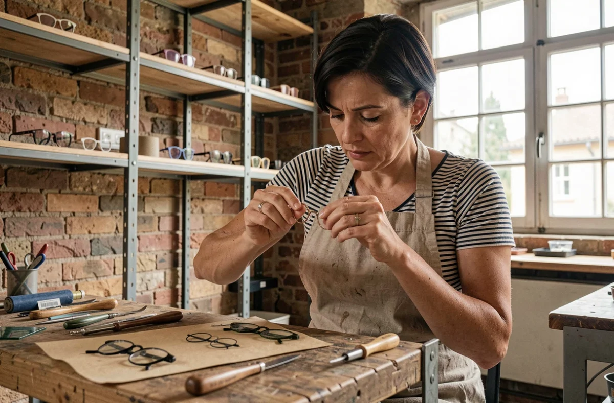 Designer opticienne artisane assemblant des montures de lunettes faites à la main dans l'atelier du Collectif des Lunetiers à Carros