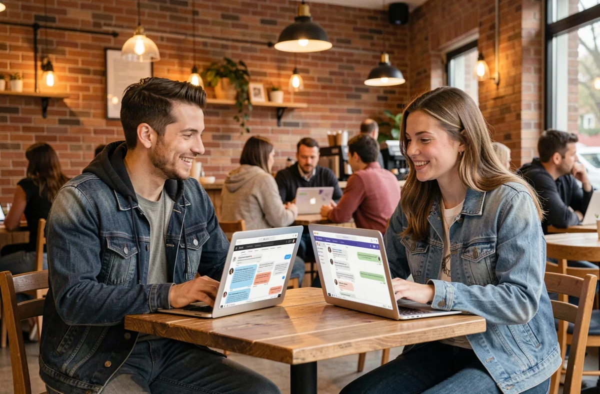 Deux jeunes adultes comparant des plateformes de tchat gratuites alternatives sur leurs ordinateurs portables dans un café