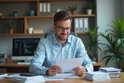 Homme comptable au bureau examine un tableau et calculatrice
