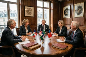 Délégués notariaux internationaux réunis autour d'une table de conférence à Paris lors du Congrès UINL 2026