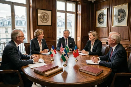 Délégués notariaux internationaux réunis autour d'une table de conférence à Paris lors du Congrès UINL 2026