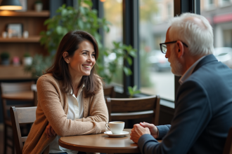 Femme d'âge moyen écoute un homme âgé dans un café chaleureux