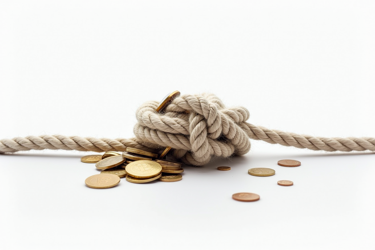 Corde enchevêtrée avec pièces de monnaie symbolisant la fragilité financière