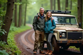 Couple en plein air avec 4x4 en forêt pour aventure