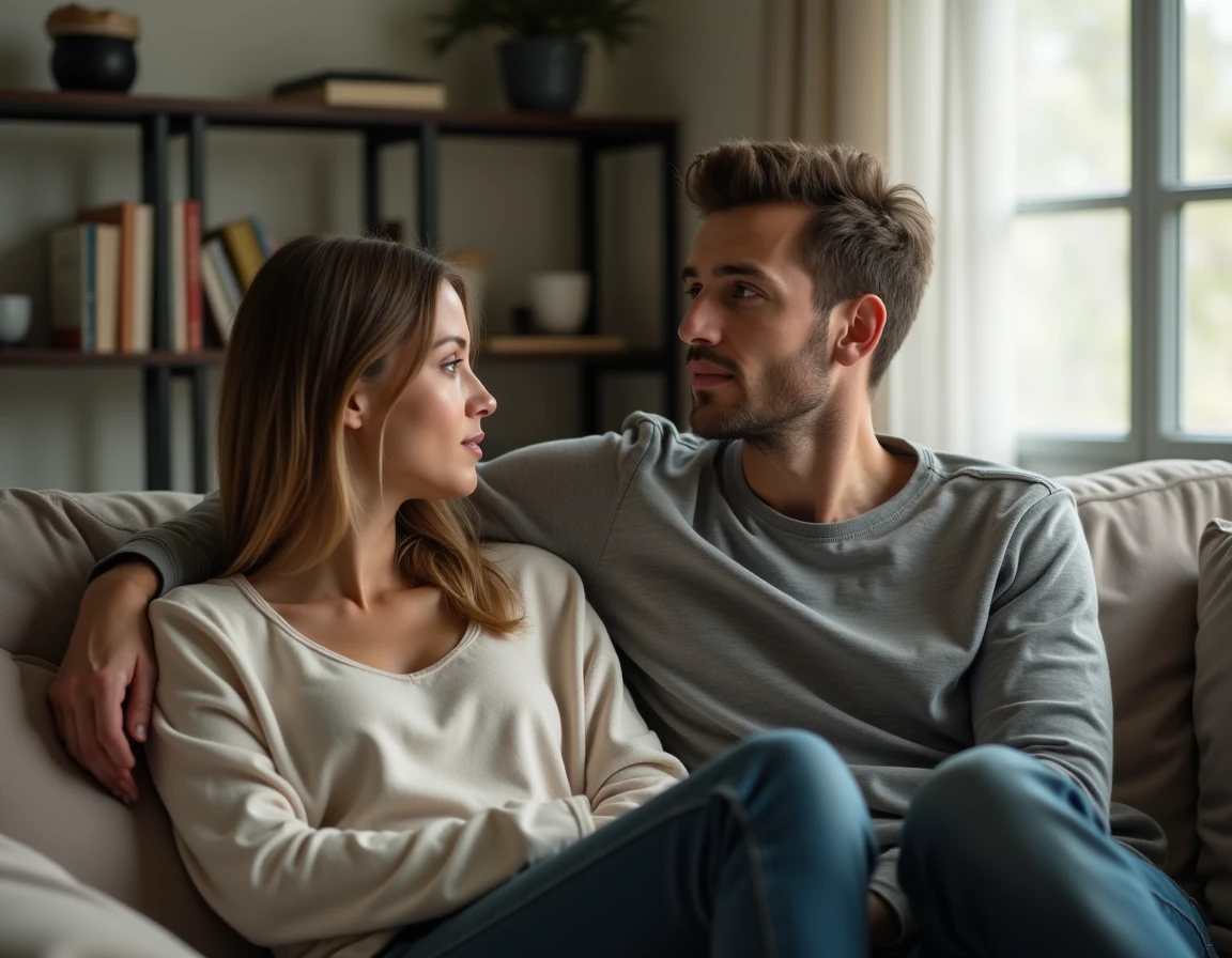Couple assis sur un canapé avec une distance émotionnelle visible, illustrant une crise relationnelle et le manque de communication