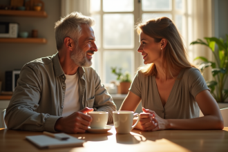 Couple partageant un café matinal dans une cuisine lumineuse